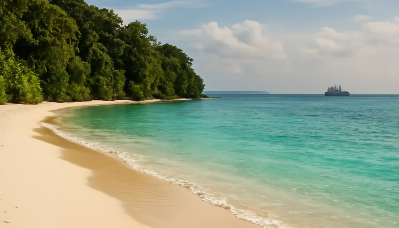 Turquoise beach and rainforest shoreline in the Andaman Islands