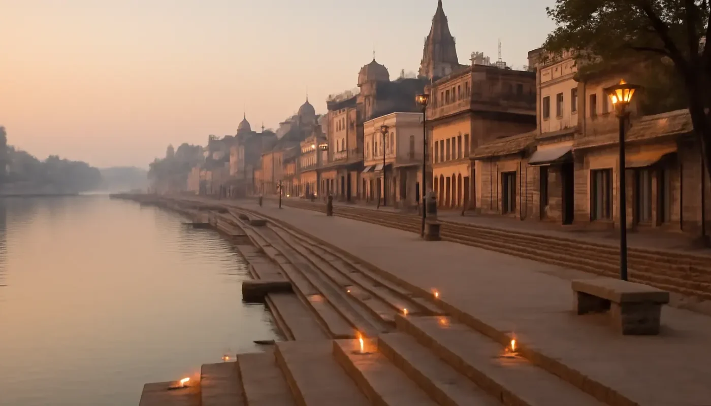 Morning view of the Saryu River ghats in Ayodhya, Uttar Pradesh