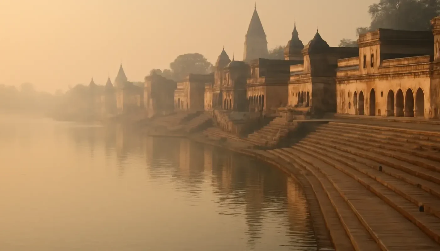Early morning Saryu River ghats in Ayodhya with soft golden light