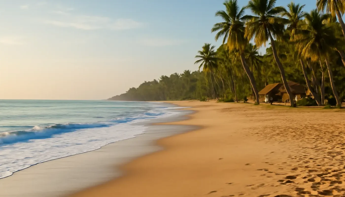 Quiet golden beach with coconut palms and gentle waves in Goa
