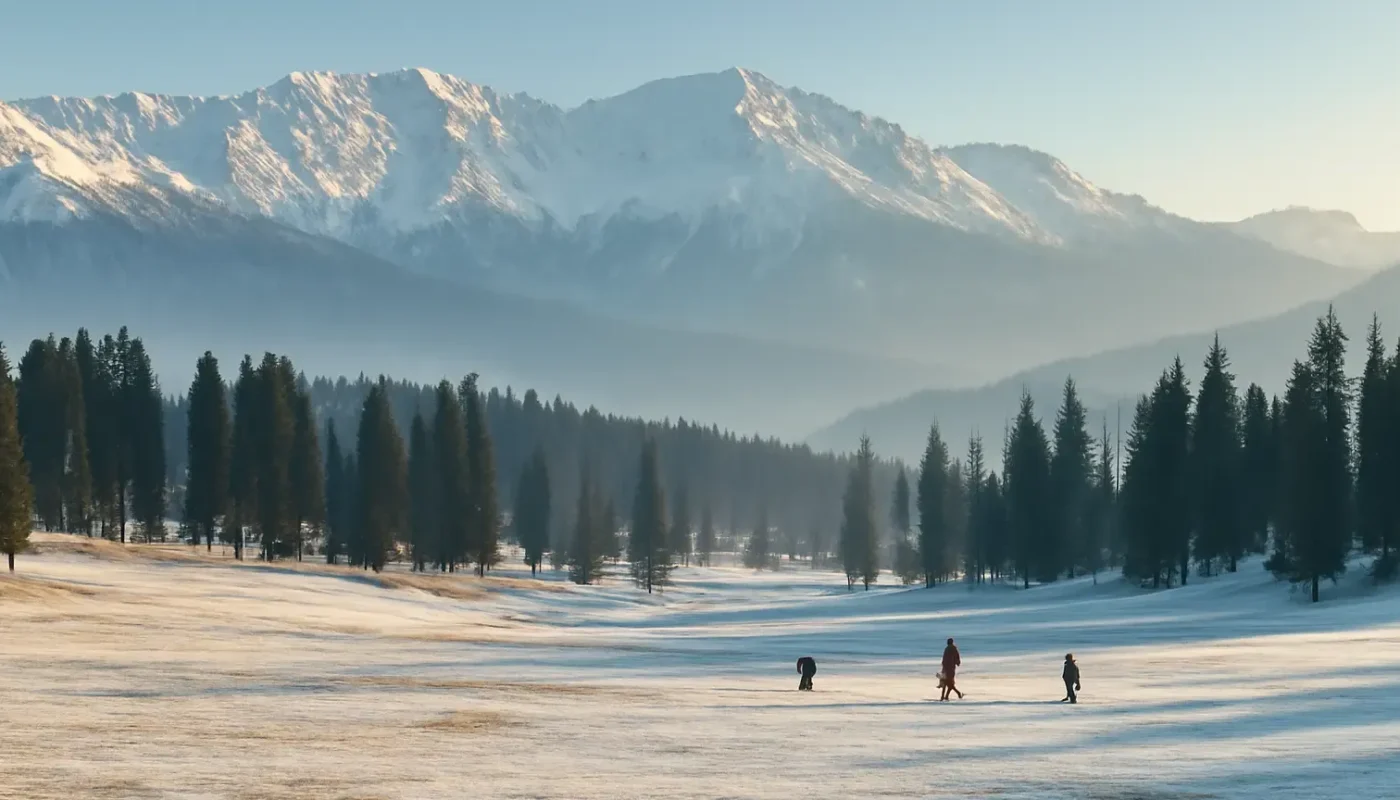 Snow-dusted Gulmarg meadow with Himalayan slopes and pine trees