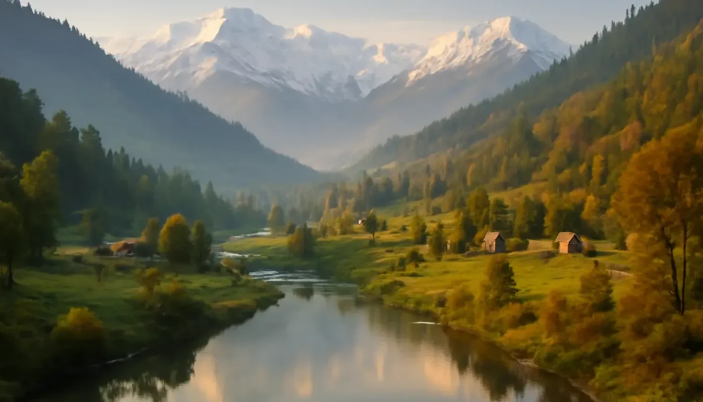 Green Kashmir valley with river and snow-capped mountains