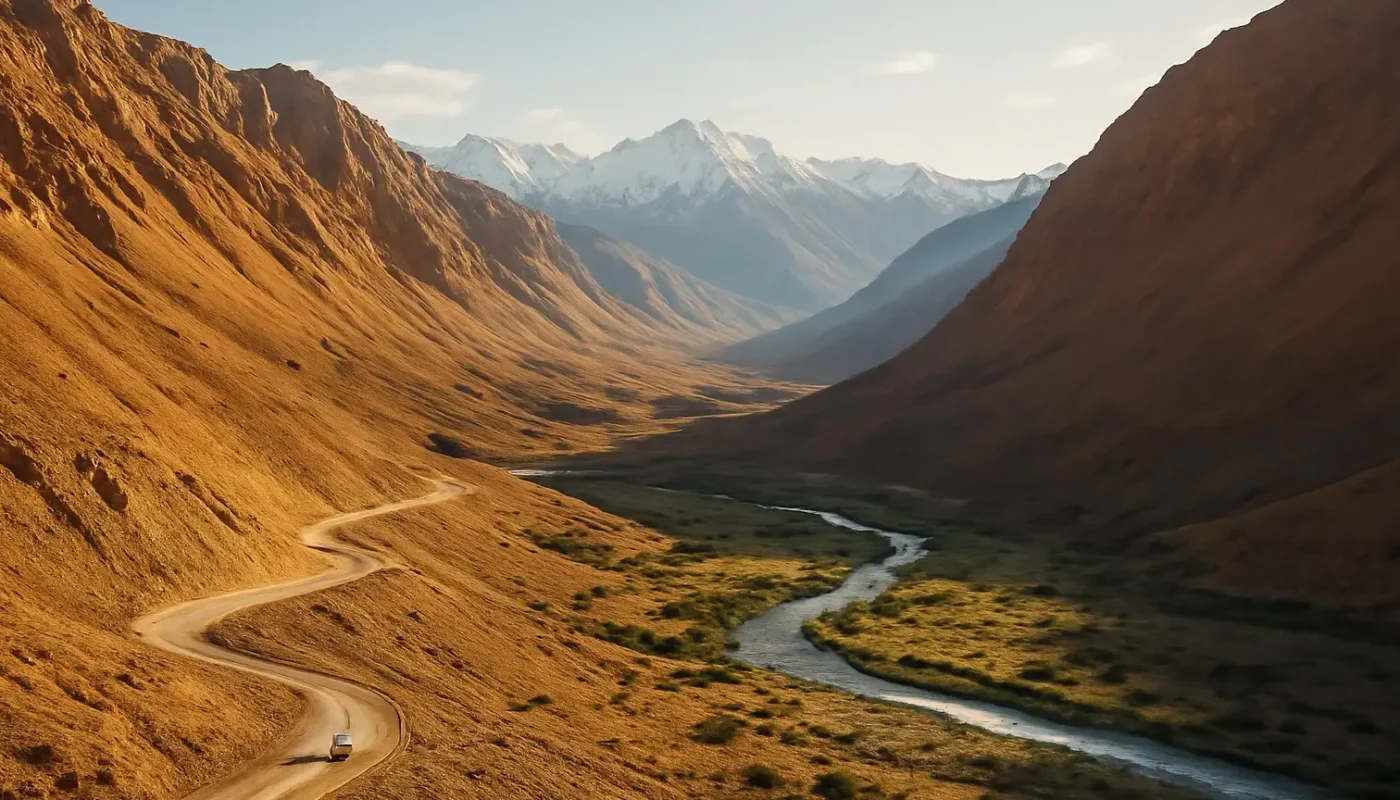 Winding road through the high-altitude Spiti Valley landscape in Himachal Pradesh