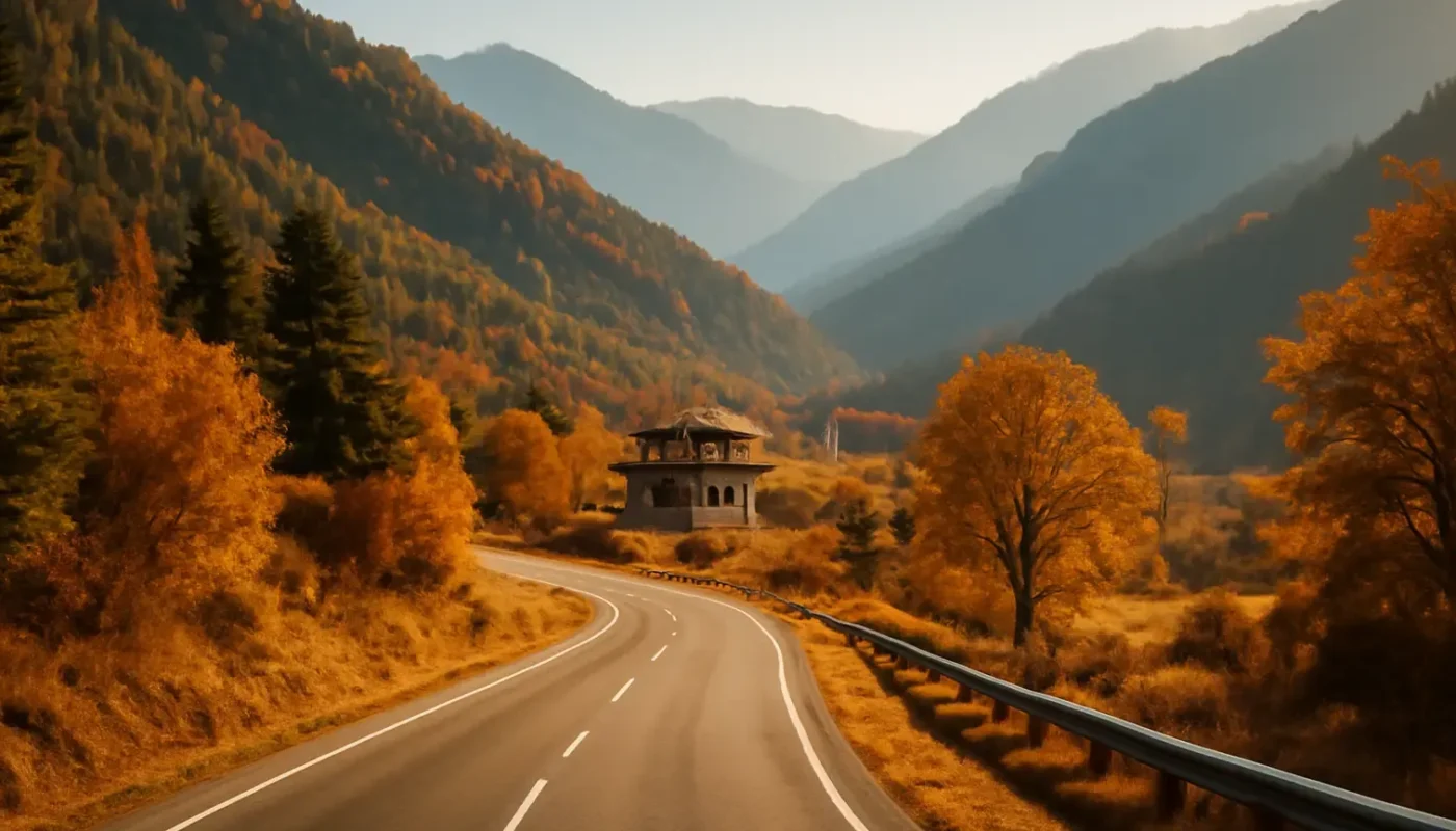 Autumn mountain road and valley landscape in Bhutan