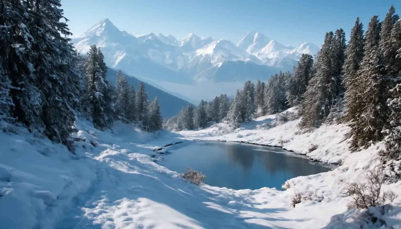 Snowy trail and Brahmatal Lake with Himalayan peaks in Uttarakhand