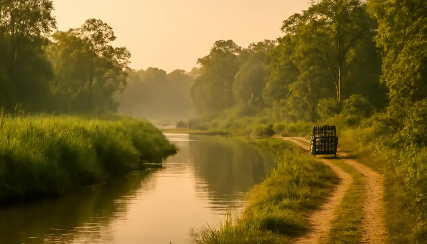 Rapti River landscape and safari jeep near Chitwan National Park