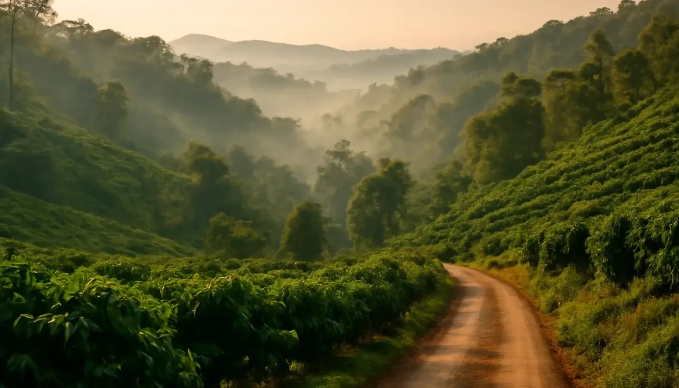 Misty coffee plantations and green hills in Coorg, Karnataka