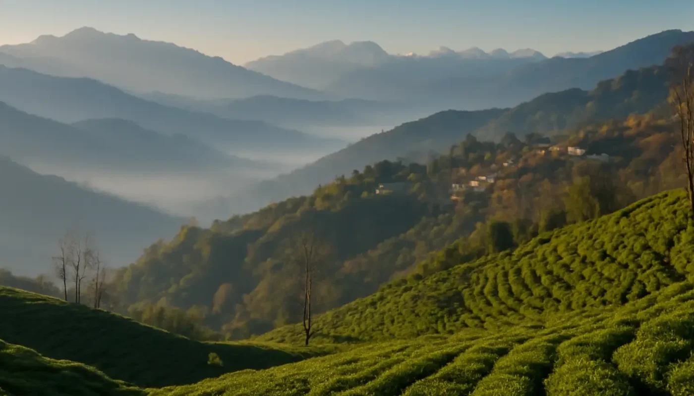 Misty winter mountain landscape over Darjeeling at sunrise
