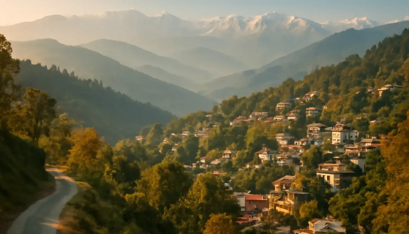 Dhauladhar mountains and hillside landscape near Dharamshala in autumn