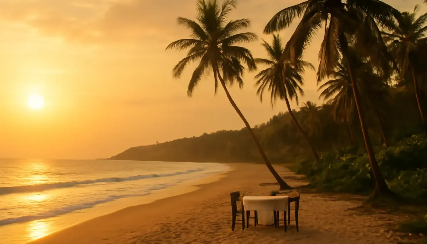 Quiet Goa beach at sunset with a table for two and palm trees