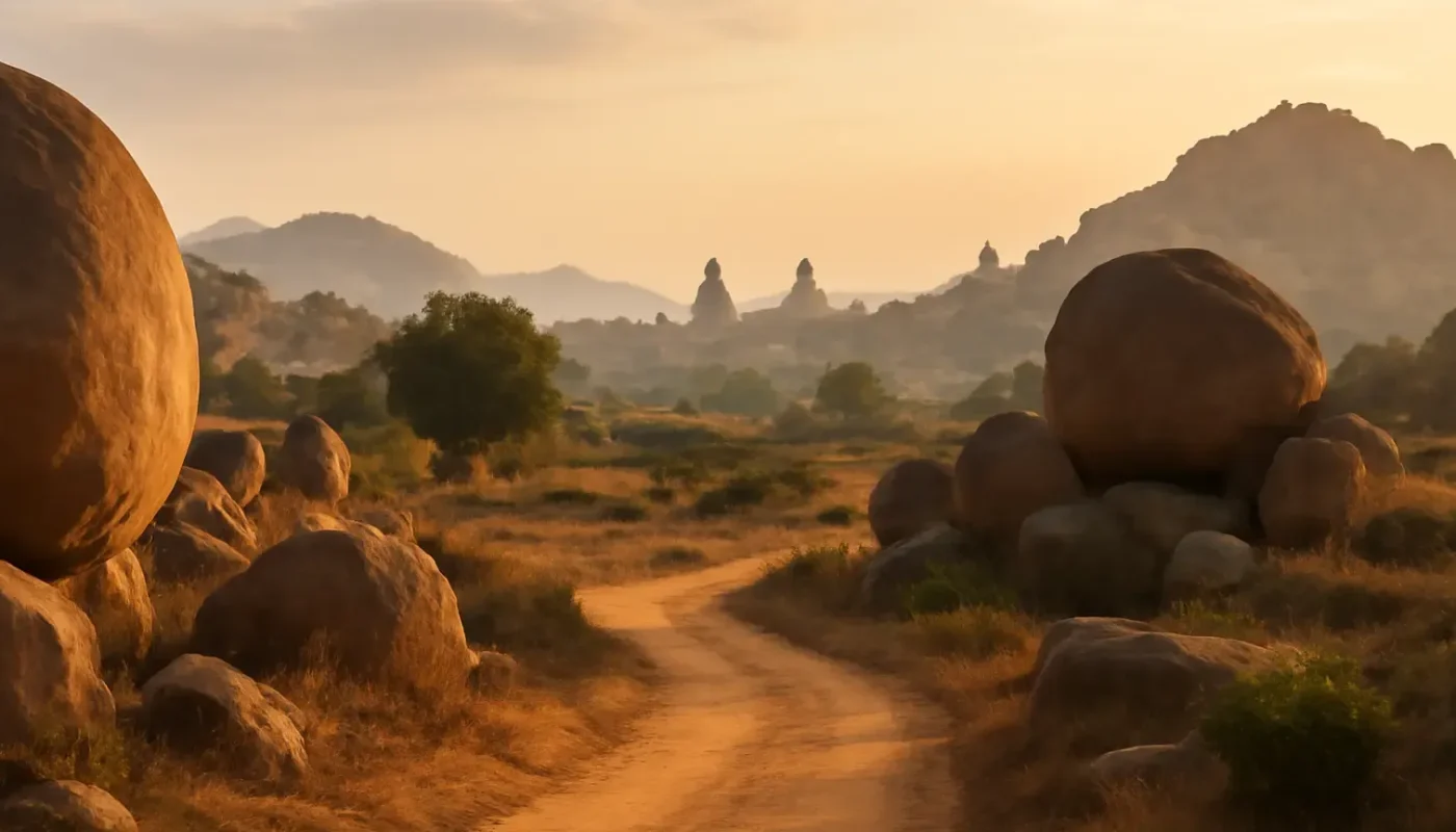 Hampi boulder landscape and temple silhouettes in morning light