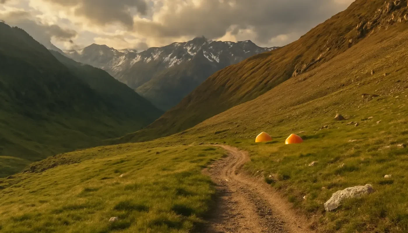 High mountain trail and tents on the Hampta Pass trek in Himachal Pradesh