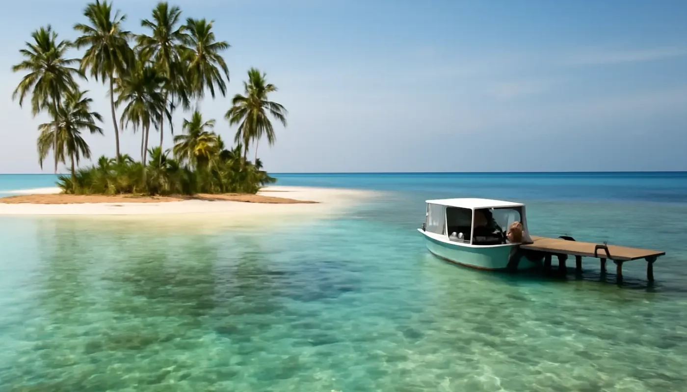 Passenger boat approaching a sandy Lakshadweep island lagoon