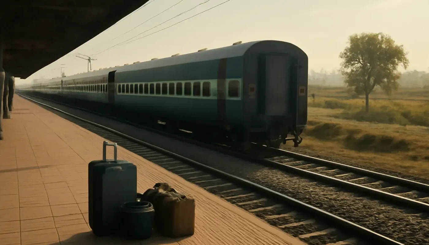 Indian passenger train waiting at a railway station with luggage and tracks