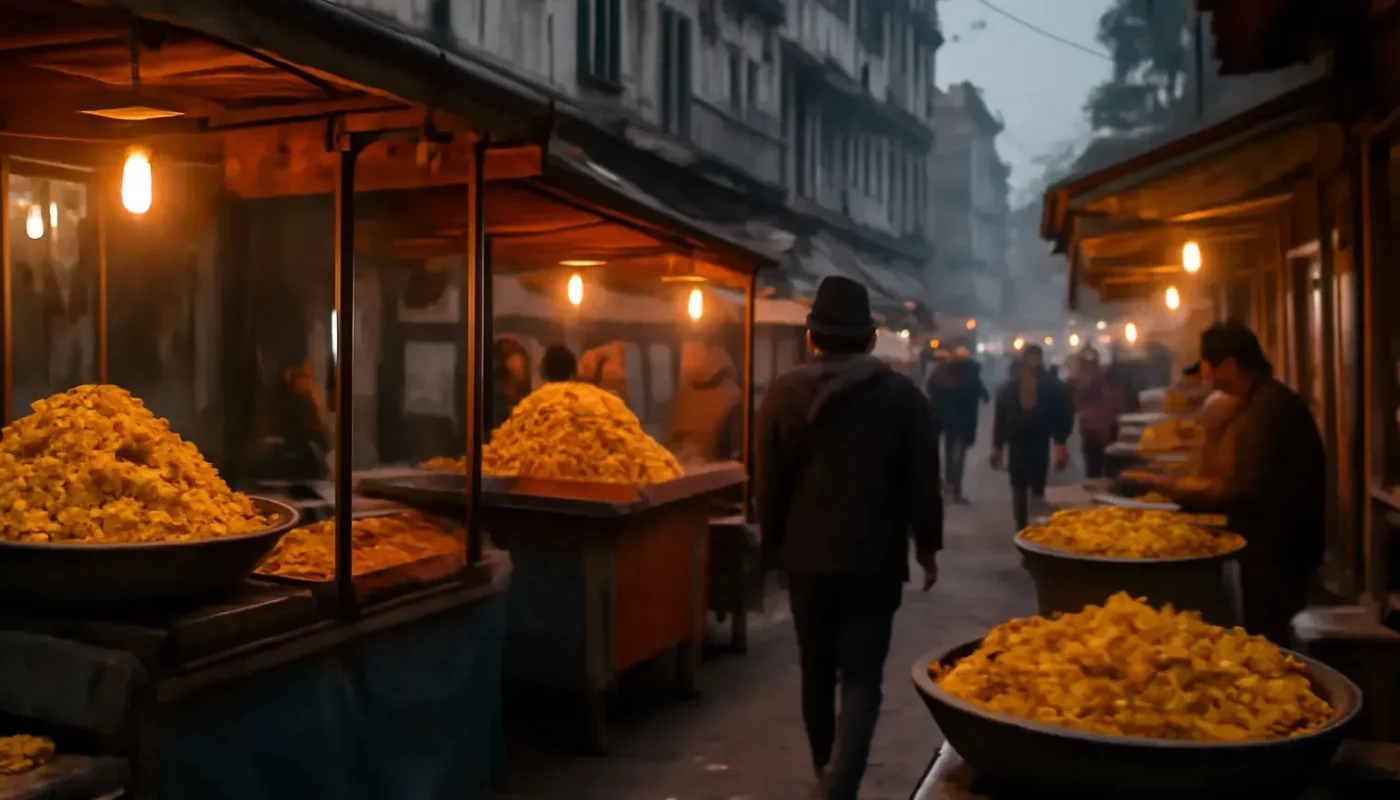 Indore street food stalls serving poha and jalebi in an evening market