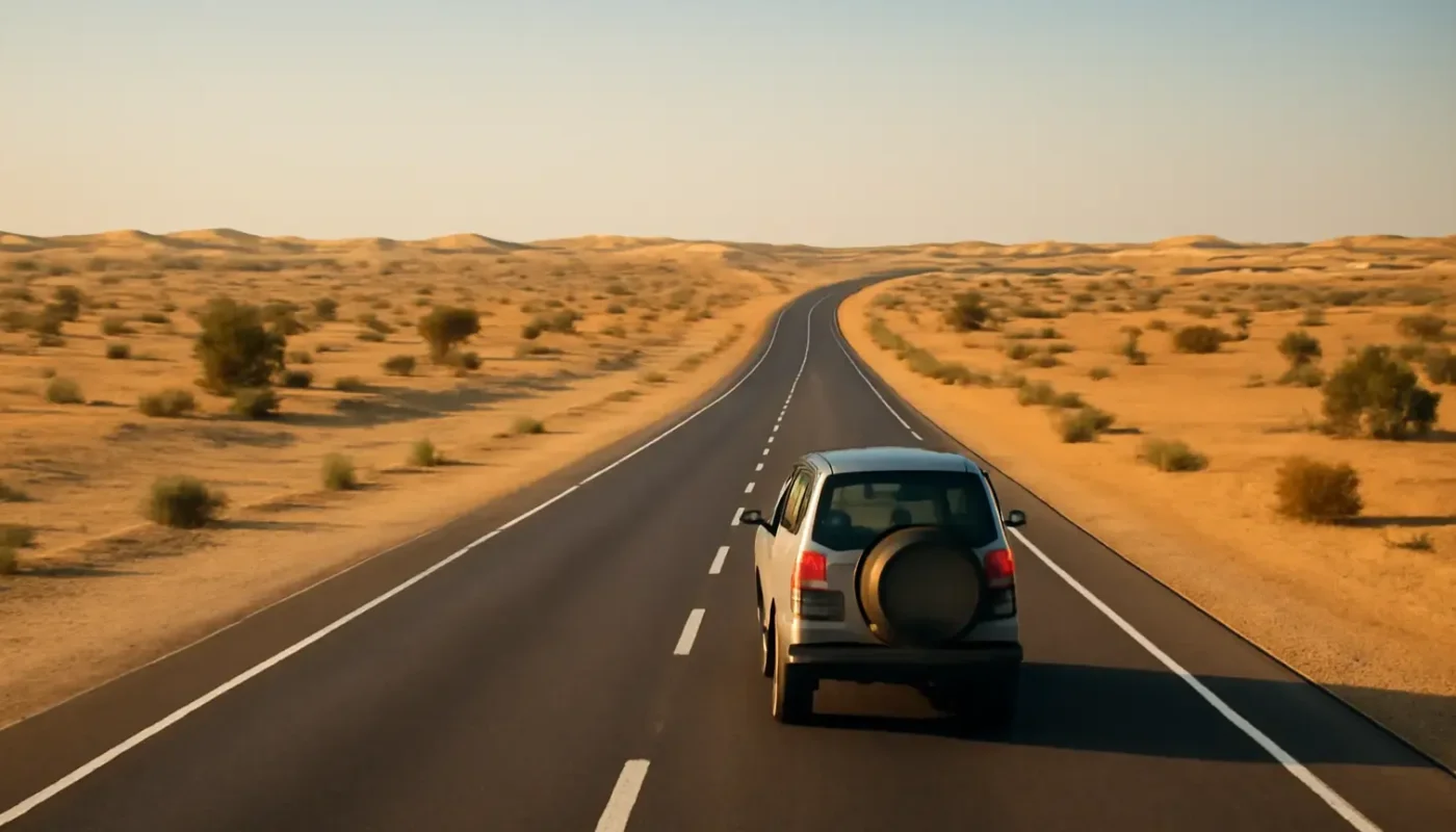 Road crossing the golden Thar Desert near Jaisalmer in Rajasthan