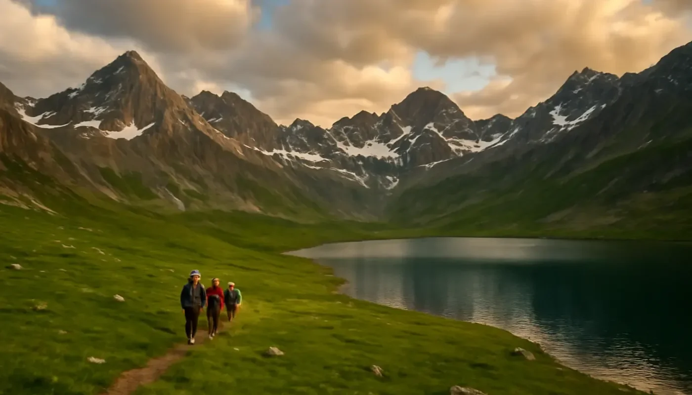 Trekkers crossing a meadow beside an alpine lake on the Kashmir Great Lakes Trek