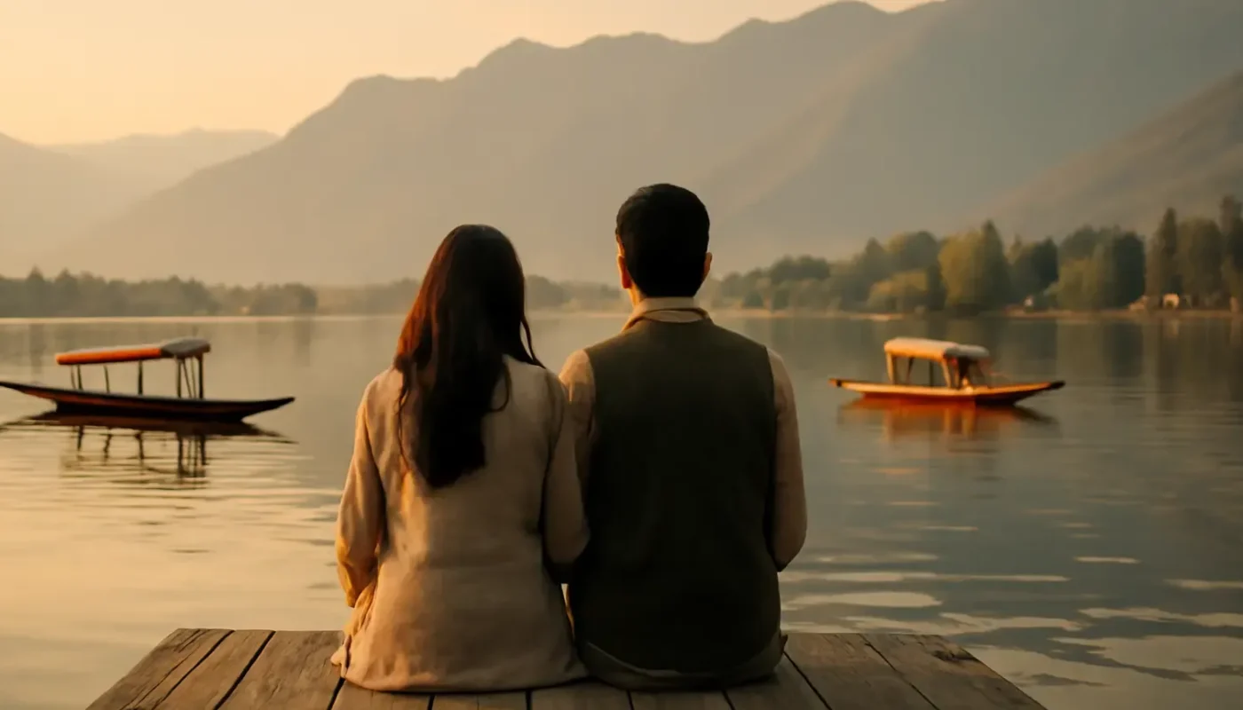 Shikara boats on Dal Lake with Kashmir mountains at sunset