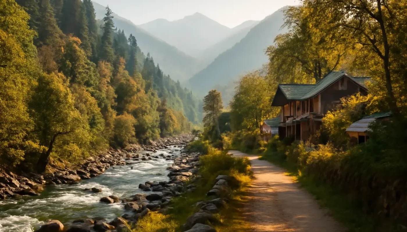 Parvati River and forested valley near Kasol in Himachal Pradesh