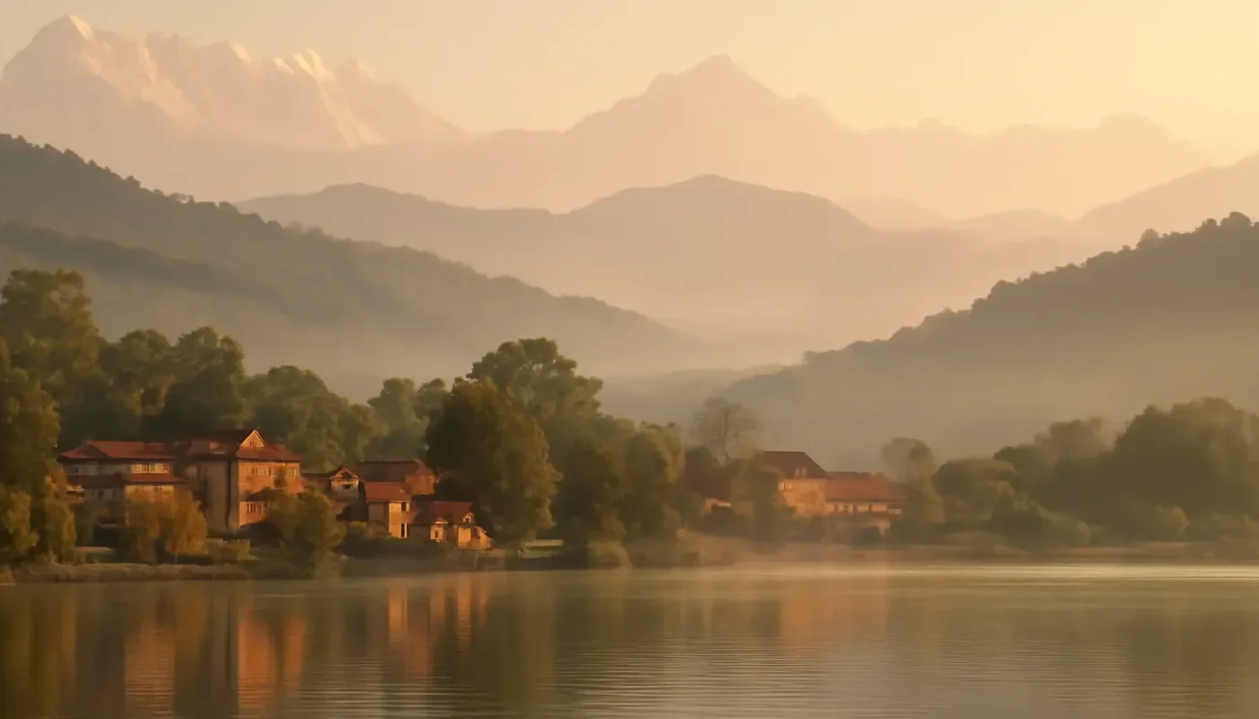 Phewa Lake in Pokhara with Nepalese hills and distant Himalayan peaks at sunrise