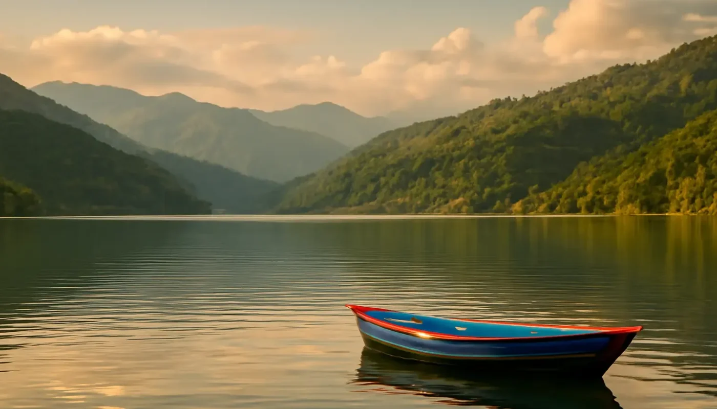 Phewa Lake and green hills in Pokhara, Nepal