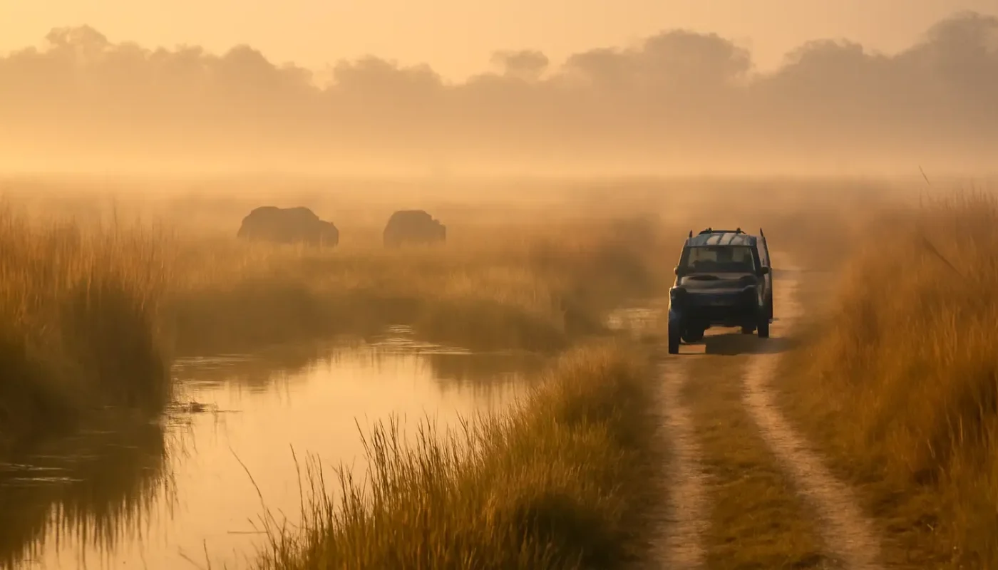 Misty Kaziranga grassland with a safari jeep and distant rhinoceros