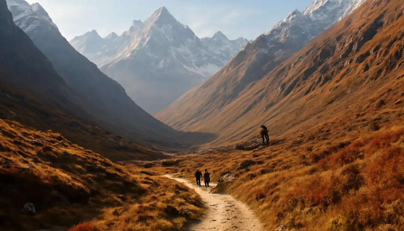 Autumn mountain trail in the Kedarnath valley of Uttarakhand