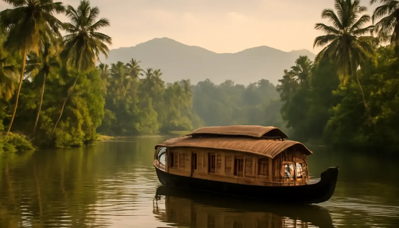 Kerala houseboat on a lush backwater with distant green hills