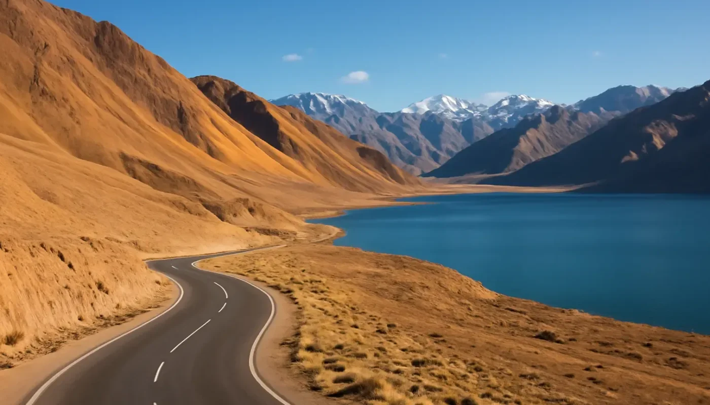 High-altitude road and blue lake in Ladakh, India
