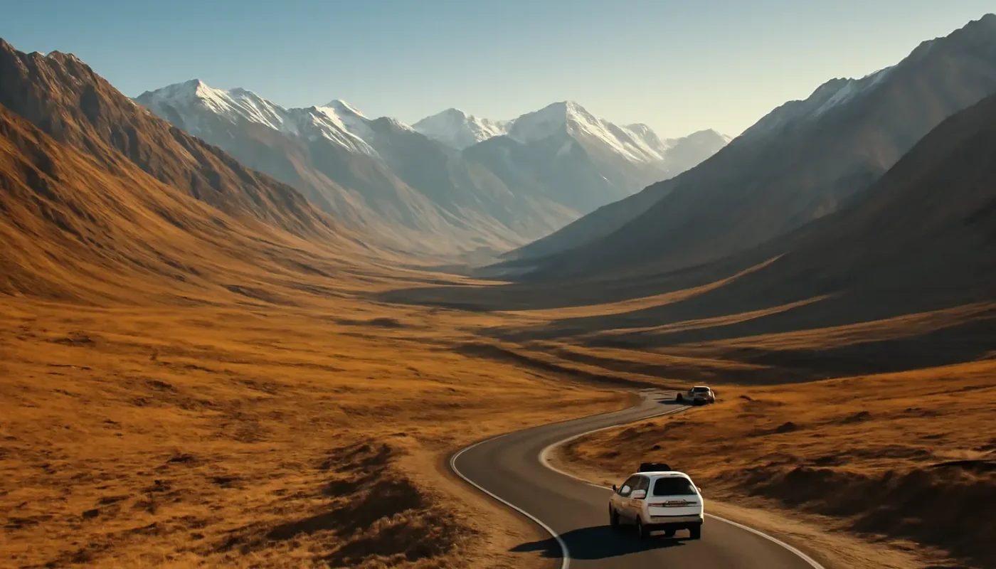 Winding road through a high-altitude Ladakh valley beneath snow-dusted mountains