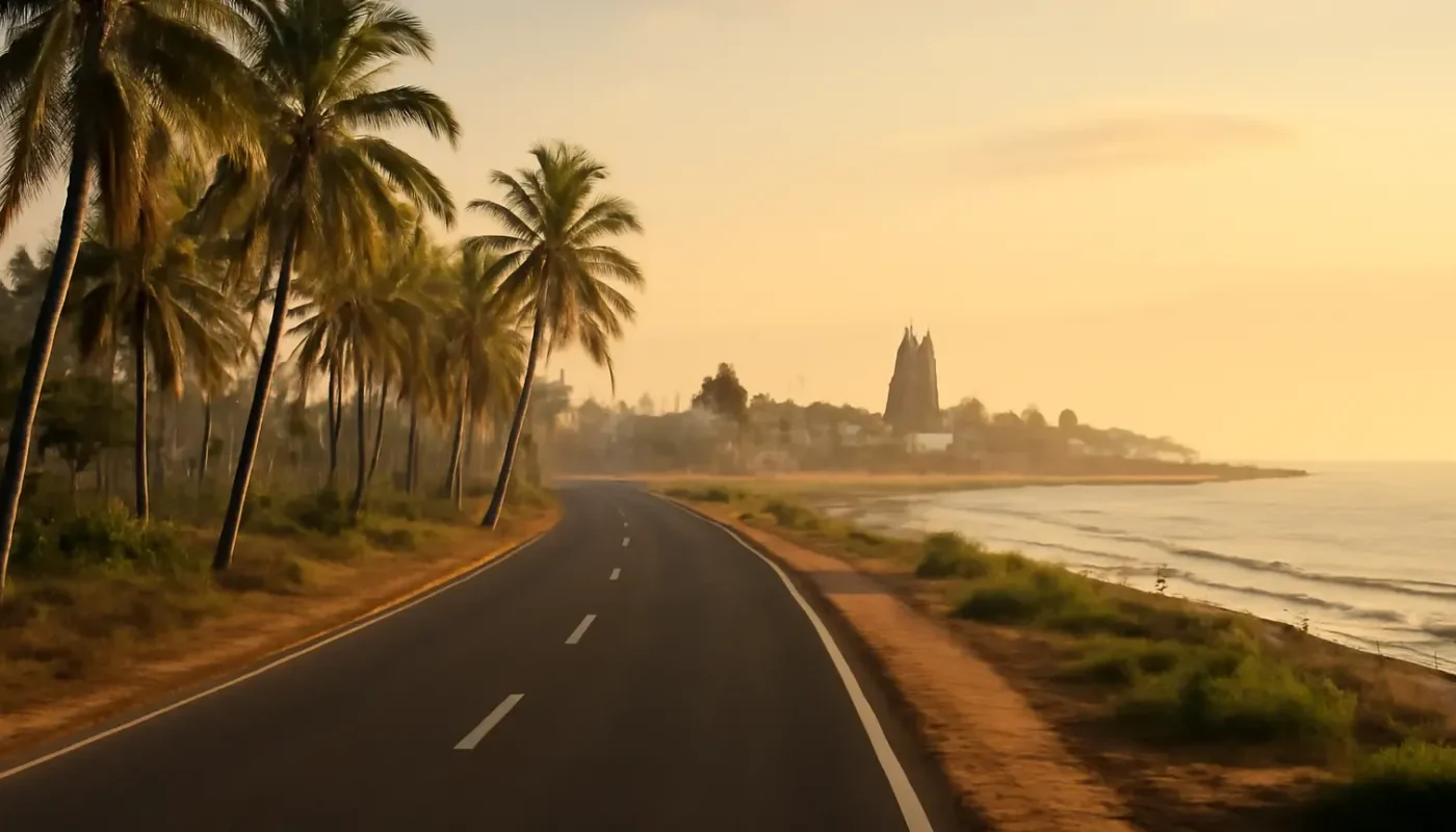 South Tamil Nadu coastal road near Rameswaram at golden morning light