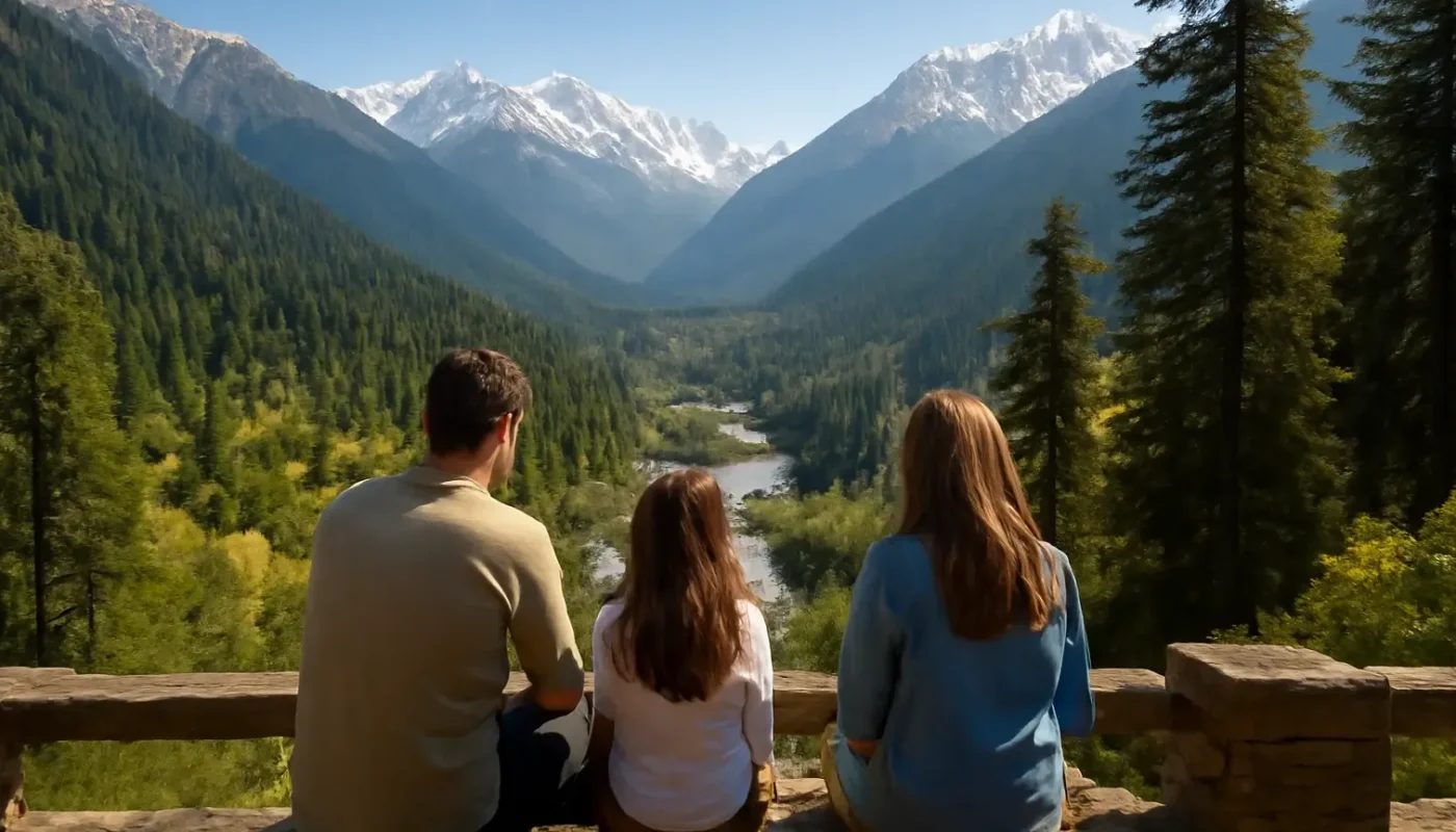 Family viewpoint over the Beas valley and mountains near Manali