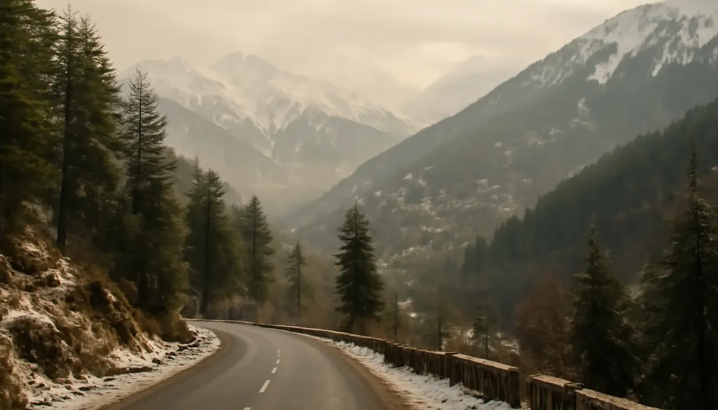Snow-dusted Beas Valley landscape near Manali in December