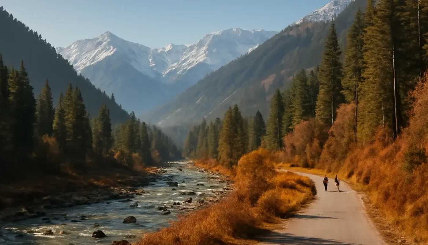 Autumn mountain valley and Beas River near Manali, Himachal Pradesh