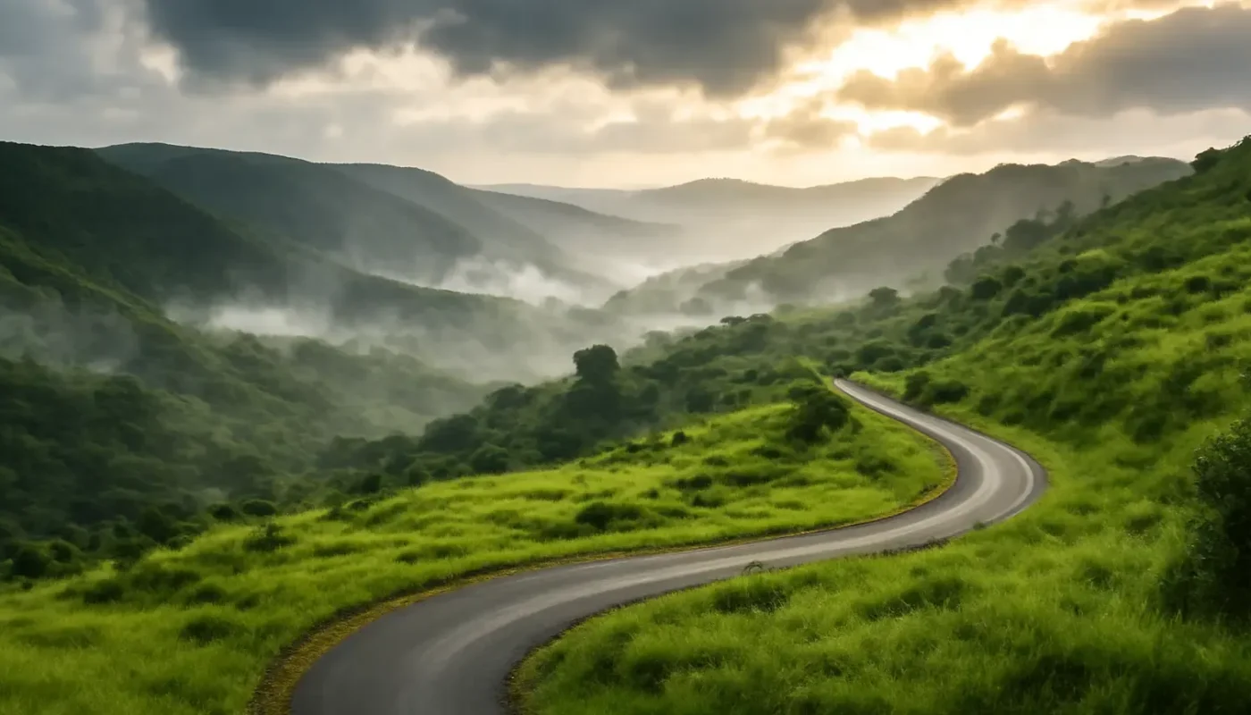 Misty green valley and winding road near Sohra in Meghalaya