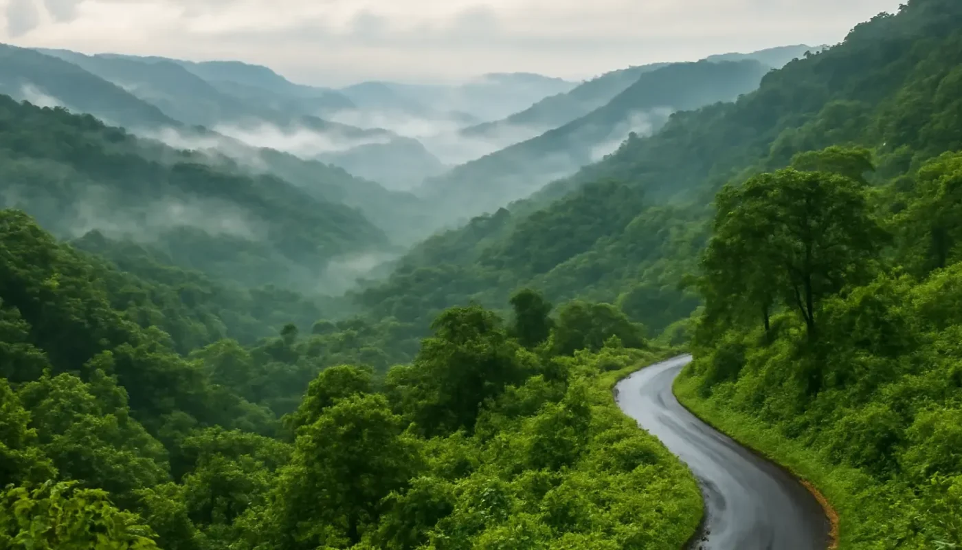 Misty green hills and winding road near Sohra in Meghalaya
