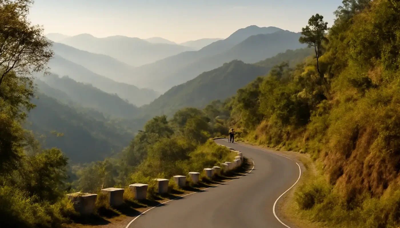Misty Himalayan hills viewed from a hillside in Mussoorie