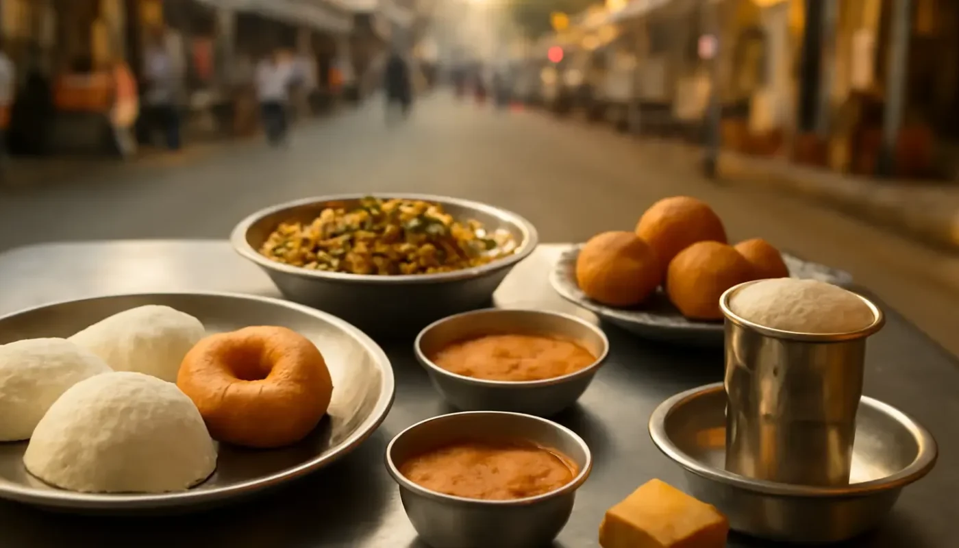 South Indian breakfast dishes and filter coffee in Mysuru