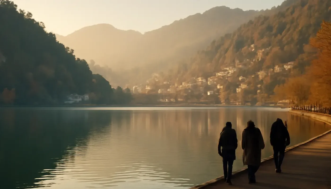 Naini Lake and forested hills in Nainital during a clear November morning