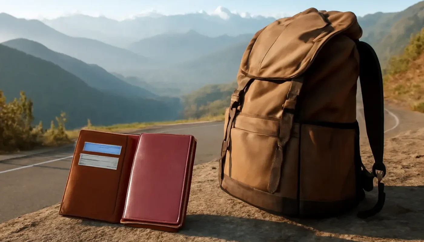 Travel documents and backpack overlooking a Himalayan valley in Nepal