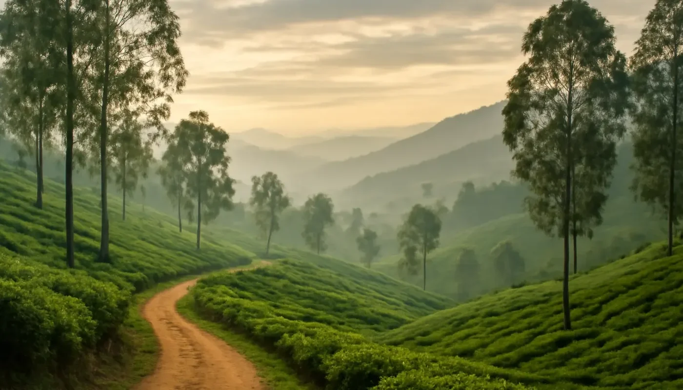 Misty tea-covered hills near Ooty with a family walking path