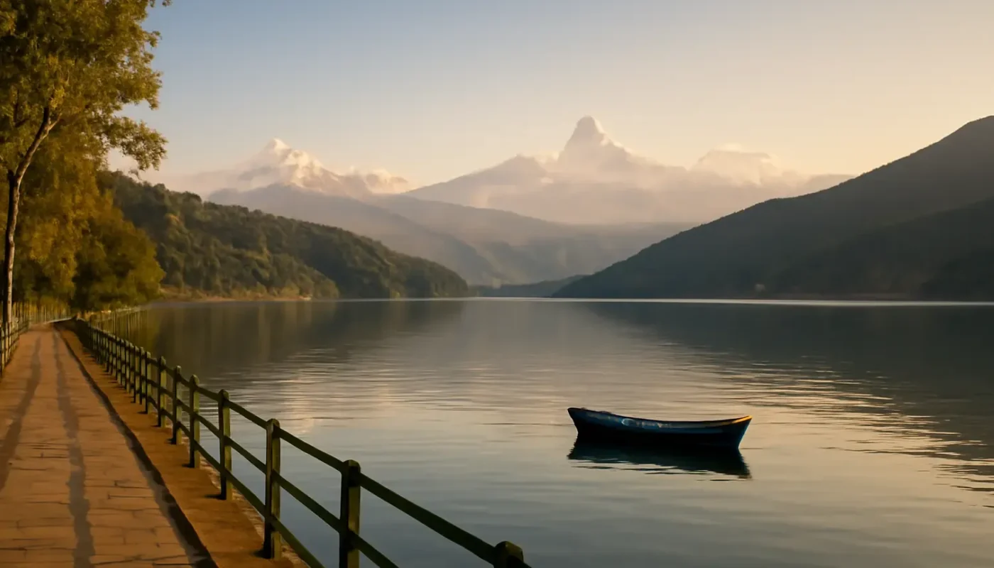 Phewa Lake and Himalayan hills in Pokhara at sunrise