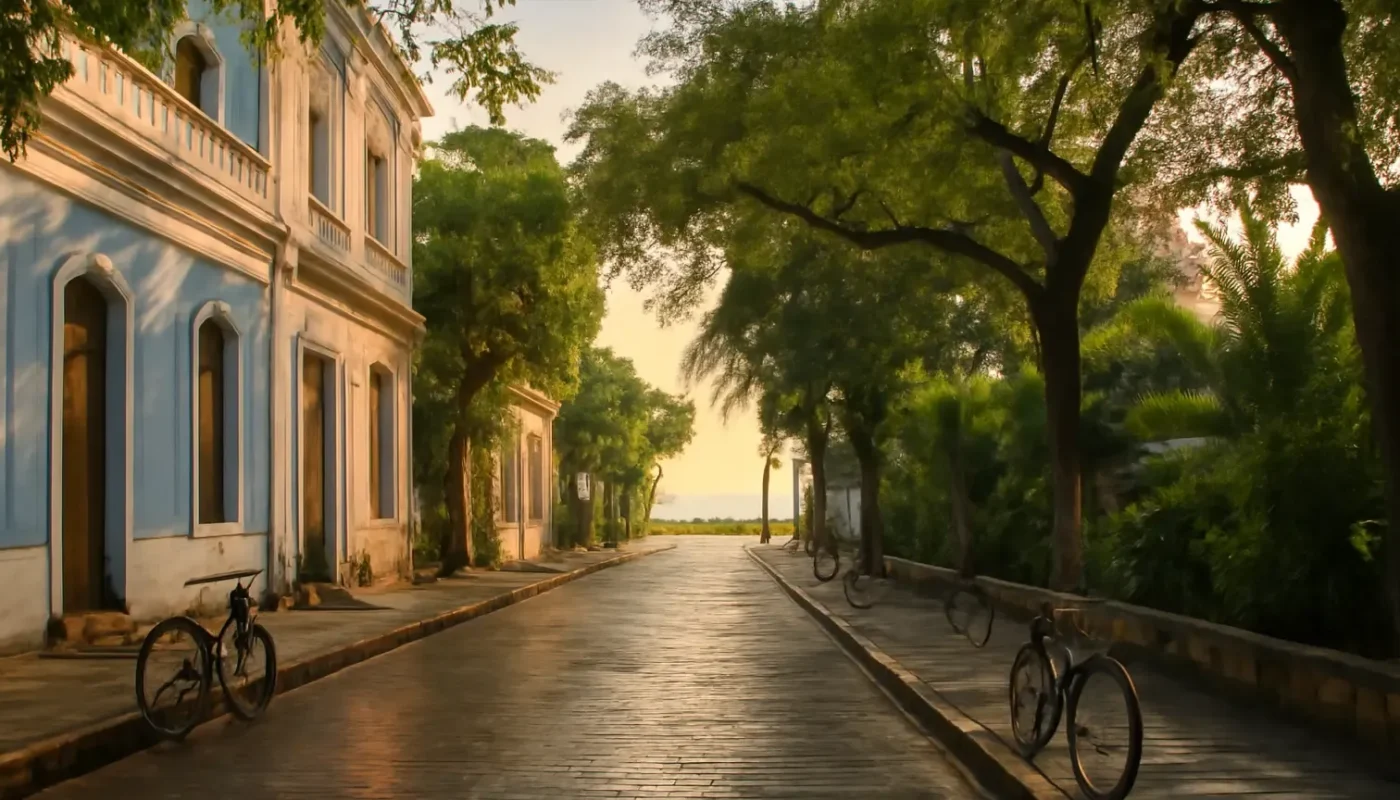 Tree-lined heritage street near the Puducherry seafront in morning light