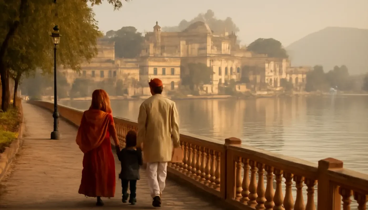 Family walking beside Lake Pichola in Udaipur, Rajasthan