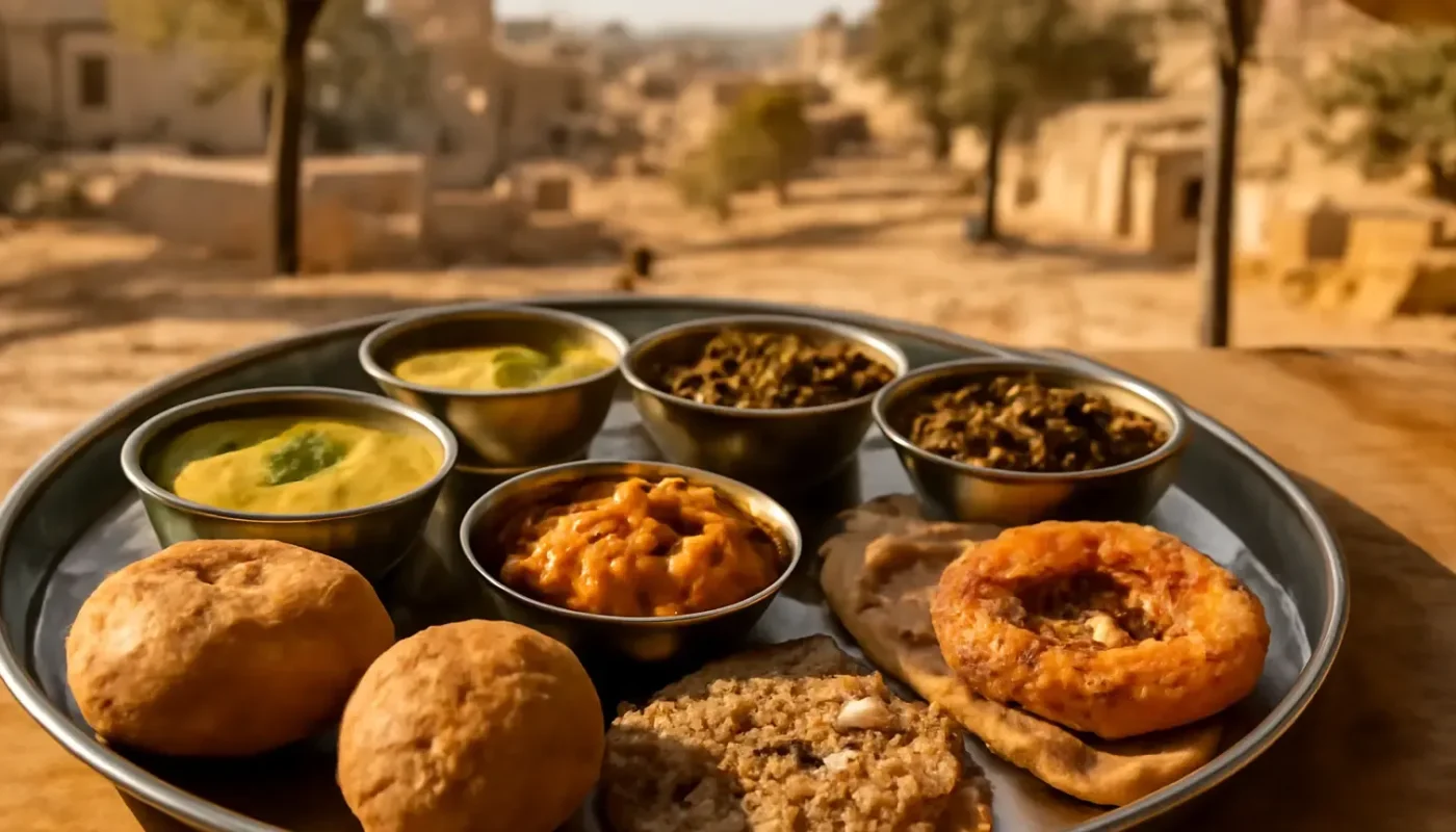 Vegetarian Rajasthani thali with baati, dal, curries, kachori and sweets