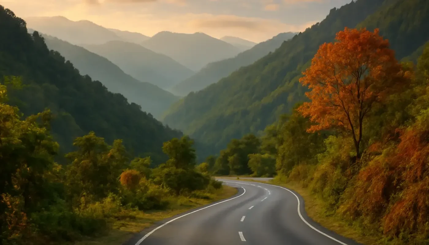 Post-monsoon Himalayan road and mountains in Sikkim in October