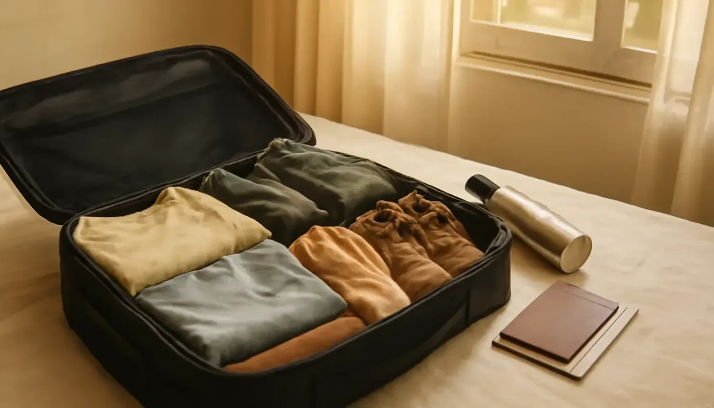 Open travel bag with climate-smart clothing and travel essentials for India