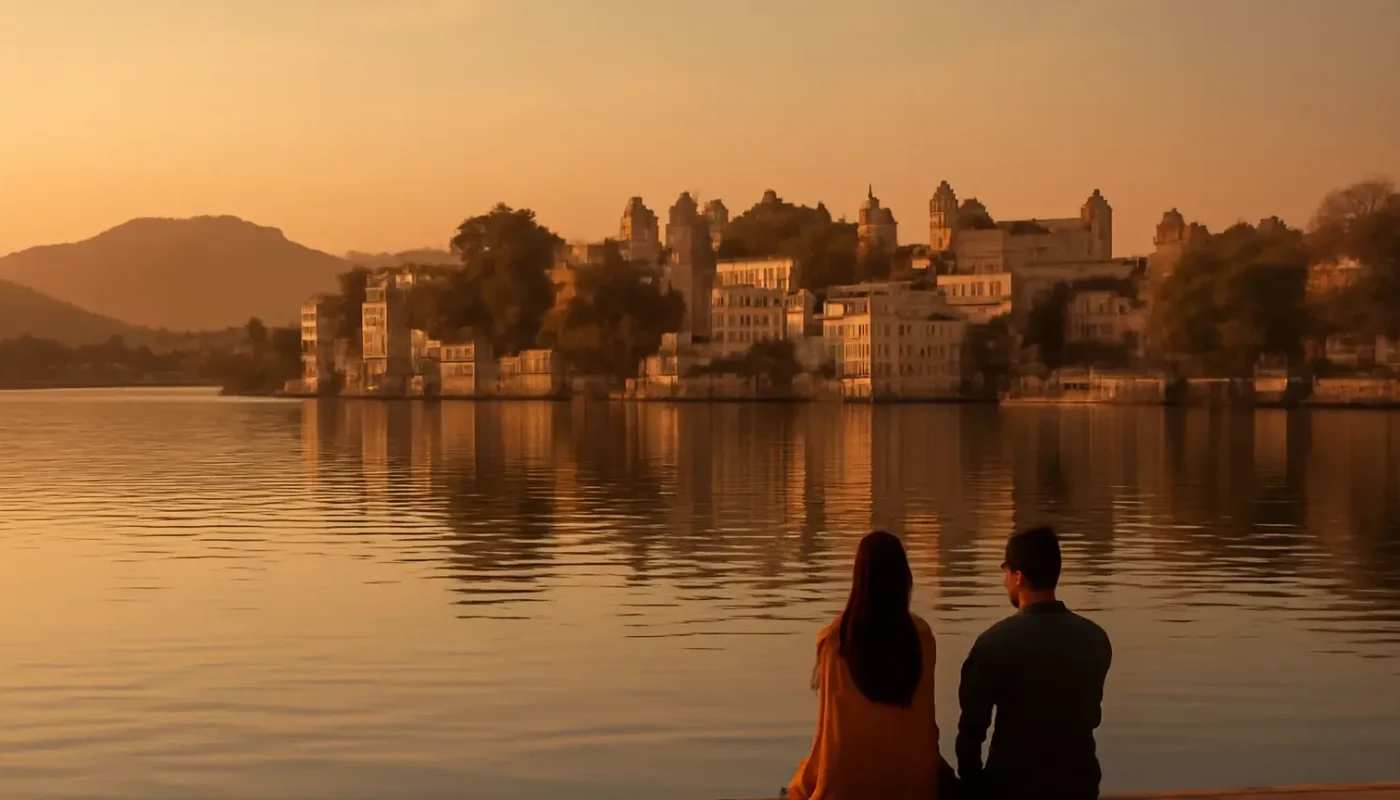 Golden-hour view of Lake Pichola and Udaipur’s heritage waterfront