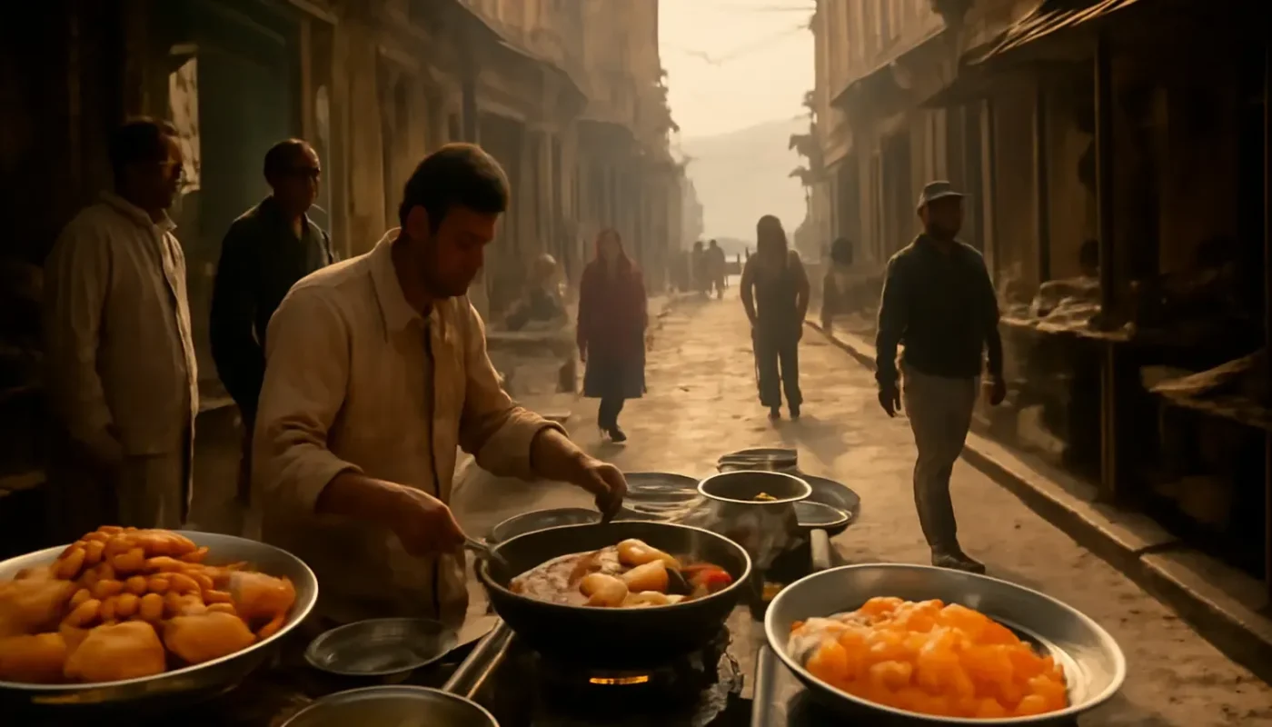 Fresh kachori and jalebi being prepared at a Varanasi street-food stall