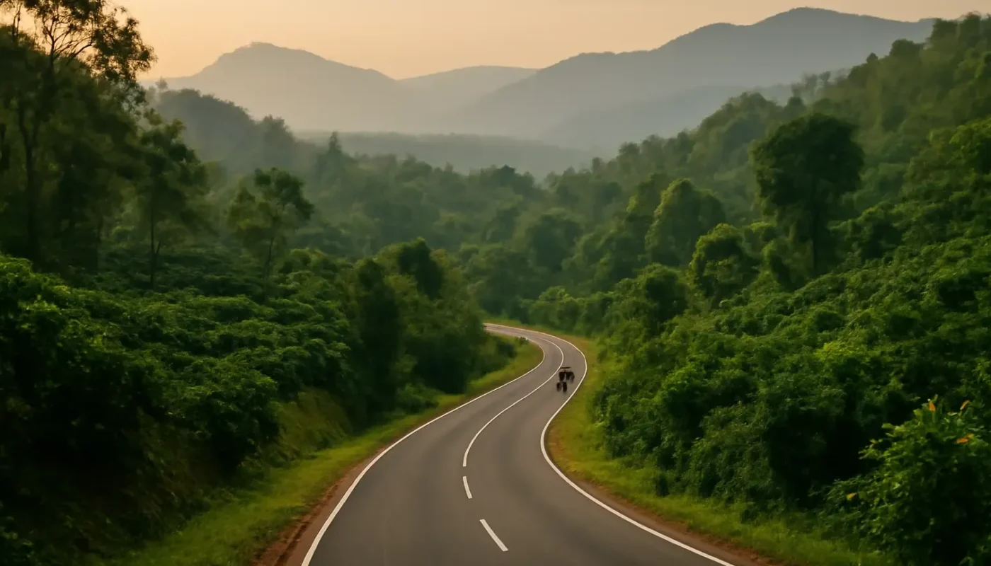 Winding road through misty green hills near Bengaluru, Karnataka